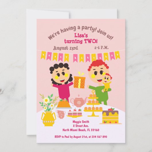 ベビーガール二歳の誕生日の甘いケーキの招待 招待状 (正面)