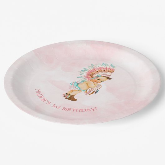 ベビーガール先住民ヘアドレスモカシン赤面アクア ペーパープレート (アングル)