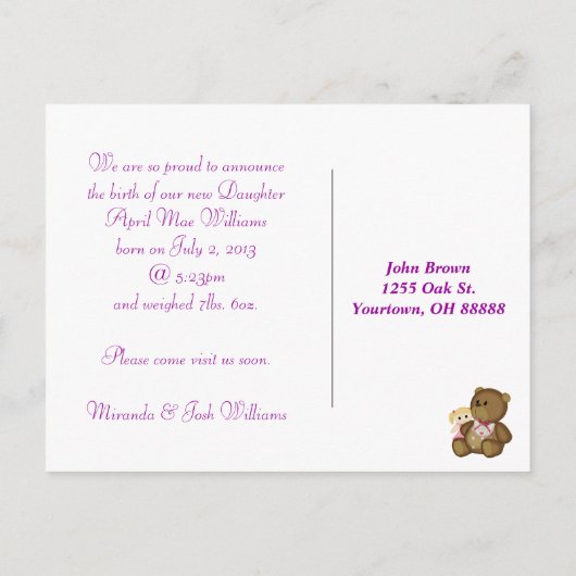 ベビーガール写真のお知らせ 案内ポストカード (裏面)