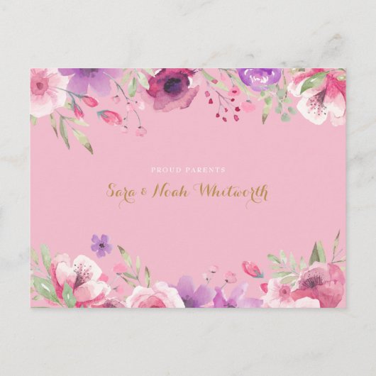 ベビーガール写真スクリプトありがとうフローラピンク誕生 案内ポストカード (裏面)