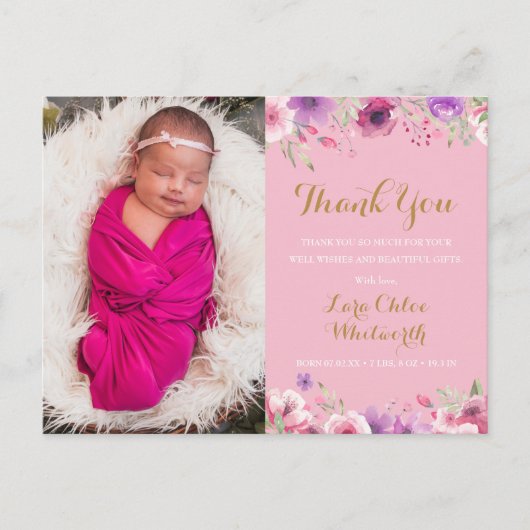 ベビーガール写真スクリプトありがとうフローラピンク誕生 案内ポストカード (正面)
