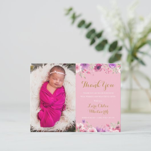 ベビーガール写真スクリプトありがとうフローラピンク誕生 案内ポストカード (スタンド正面)