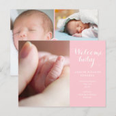 ベビーガール写真スクリプトモノグラムピンク誕生 案内ポストカード (正面/裏面)