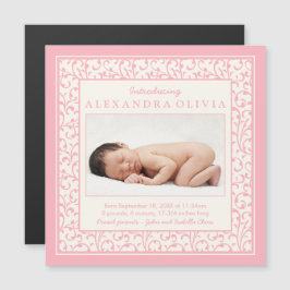 ベビーガール写真ダマスクフローラ誕生のお知らせ マグネット招待状