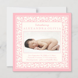 ベビーガール写真ダマスクフローラ誕生のお知らせ マグネット招待状
