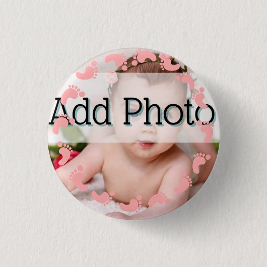 ベビーガール写真ピンクの足跡パターン 缶バッジ (正面)