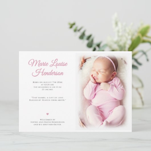 ベビーガール写真ピンクドット誕生発表カード サンキューカード (スタンド正面)