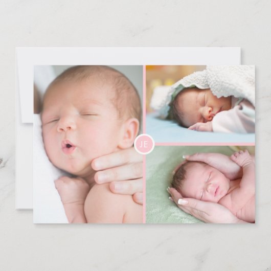 ベビーガール写真モノグラムピンクスクリプト誕生 案内状 (裏面)