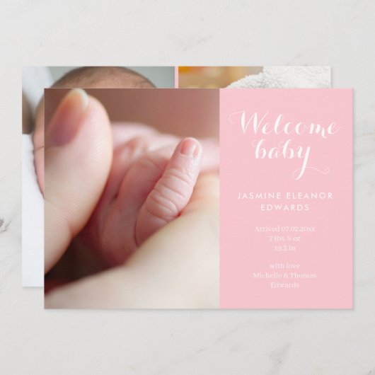 ベビーガール写真モノグラムピンクスクリプト誕生 案内状 (正面/裏面)