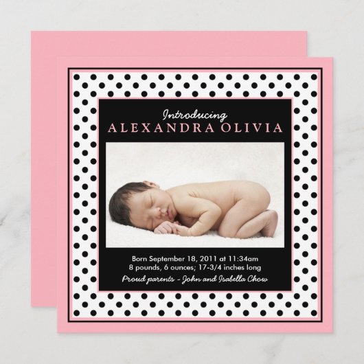 ベビーガール写真水玉模様誕生のお知らせ 案内状 (正面/裏面)