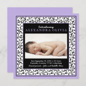 ベビーガール写真紫ダマスク誕生のお知らせ 案内状 (正面/裏面)
