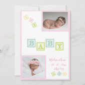 ベビーガール写真ABCブロックピンク生まれたばかりの誕生 案内状 (正面)