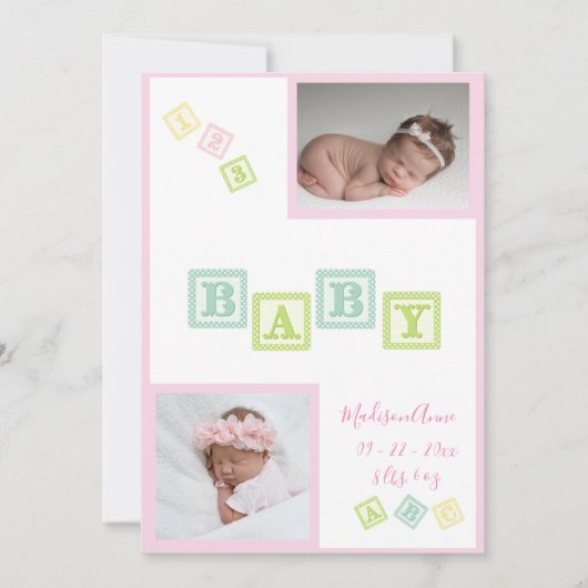 ベビーガール写真ABCブロックピンク生まれたばかりの誕生 案内状 (正面)