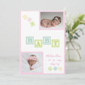 ベビーガール写真ABCブロックピンク生まれたばかりの誕生 案内状 (スタンド正面)