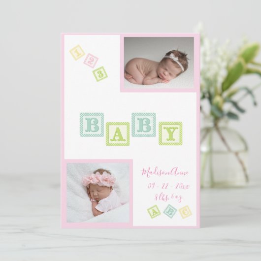ベビーガール写真ABCブロックピンク生まれたばかりの誕生 案内状 (スタンド正面)