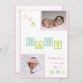 ベビーガール写真ABCブロックピンク生まれたばかりの誕生 案内状 (正面/裏面)