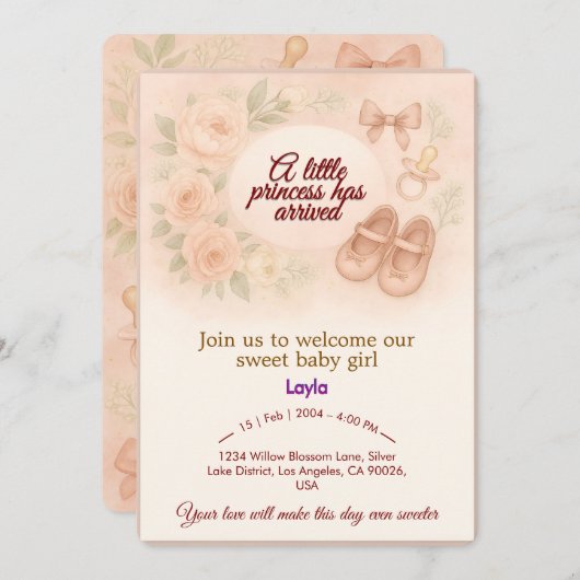 ベビーガール出生告知カード 招待状 (正面/裏面)