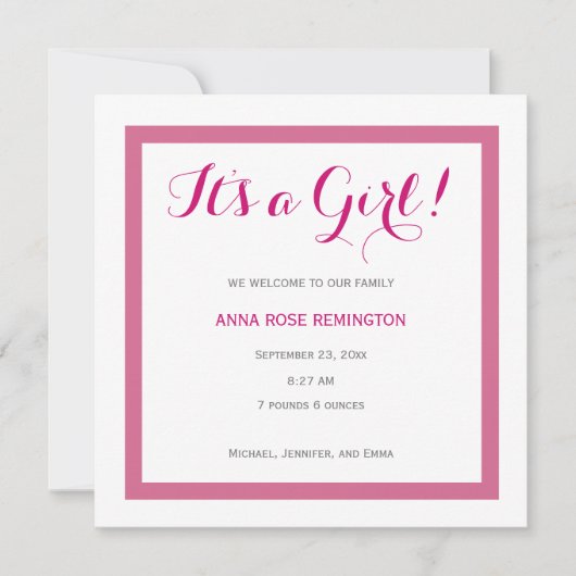ベビーガール出生届クラシック出スタイルピンクA2 招待状 (正面)