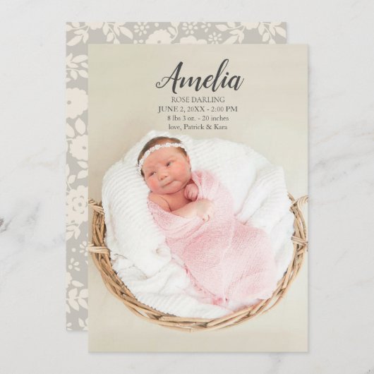 ベビーガール出産発表はがき 招待状 (正面/裏面)