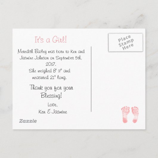 ベビーガール出産発表はがき 案内ポストカード (裏面)