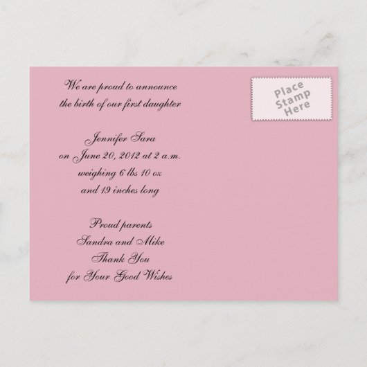 ベビーガール出産発表フォトポストカード 案内ポストカード (裏面)