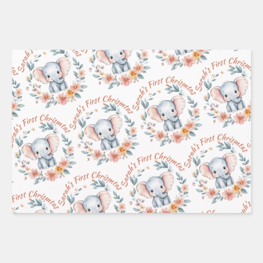 ベビーガール初めてのクリスマスエレファントピンク名 ラッピングペーパーシート (正面)