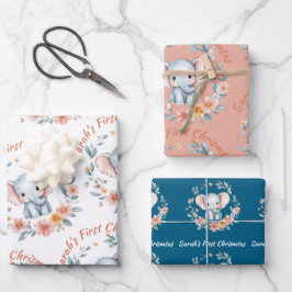 ベビーガール初めてのクリスマスエレファントピンク名 ラッピングペーパーシート