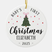 ベビーガール初めてのクリスマスオーナメントピンク&グリーン セラミックオーナメント (正面)