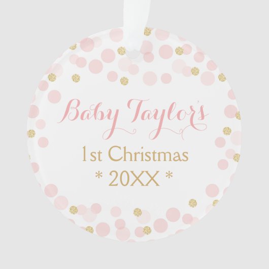 ベビーガール初めてのクリスマスオーナメント、ピンク金ゴールドドット オーナメント (正面)