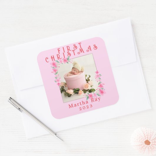 ベビーガール初めてのクリスマスソフトピンクフローラフレーム スクエアシール (封筒)