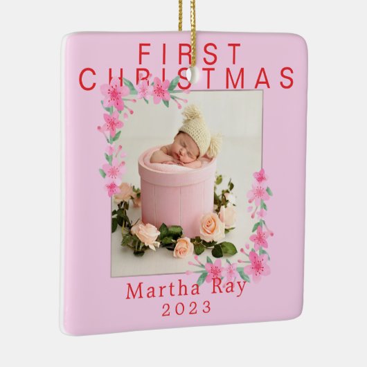 ベビーガール初めてのクリスマスソフトピンクフローラフレーム セラミックオーナメント (右)