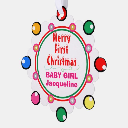 ベビーガール初めてのクリスマスレッドグリーンブルーピンク オーナメントカード (左)
