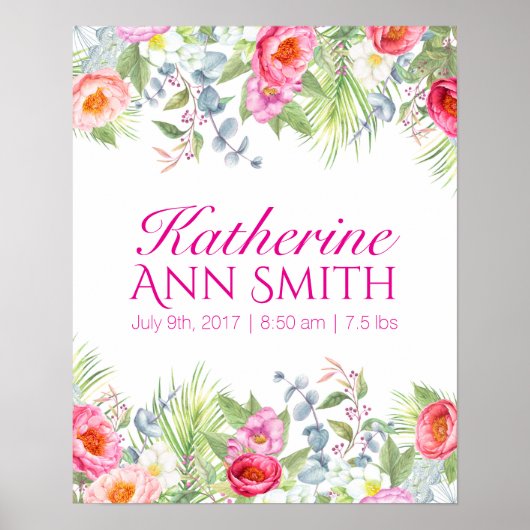 ベビーガール名誕生スタットカスタムフローラアートポスター ポスター (正面)