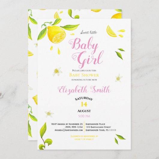 ベビーガール夏春レモンテーマバビシャワー 招待状 (正面/裏面)