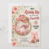 ベビーガール女性のカーボーイピンクの花1stバースデーフォト 招待状 (正面)