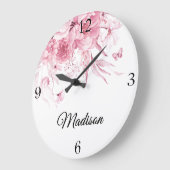 ベビーガール子供部屋オランダアートピンクウォーターカラーフローラ ラージ壁時計 (傾斜)