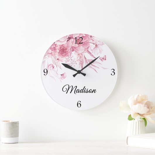 ベビーガール子供部屋オランダアートピンクウォーターカラーフローラ ラージ壁時計 (ホーム)