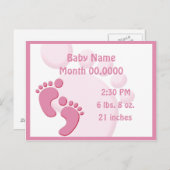 ベビーガール小さな足の足跡の誕生の発表 案内ポストカード (正面/裏面)