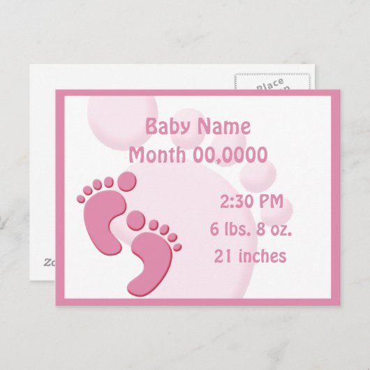 ベビーガール小さな足の足跡の誕生の発表 案内ポストカード (正面/裏面)