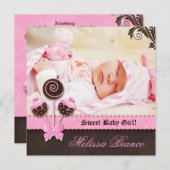 ベビーガール招待状告知ケーキポップピンク 案内状 (正面/裏面)