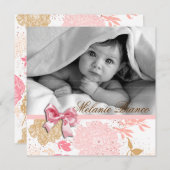 ベビーガール招待状誕生パーティーピンクホワイトボウ 招待状 (正面/裏面)