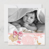 ベビーガール招待状誕生パーティーピンクホワイトボウ 招待状 (正面)