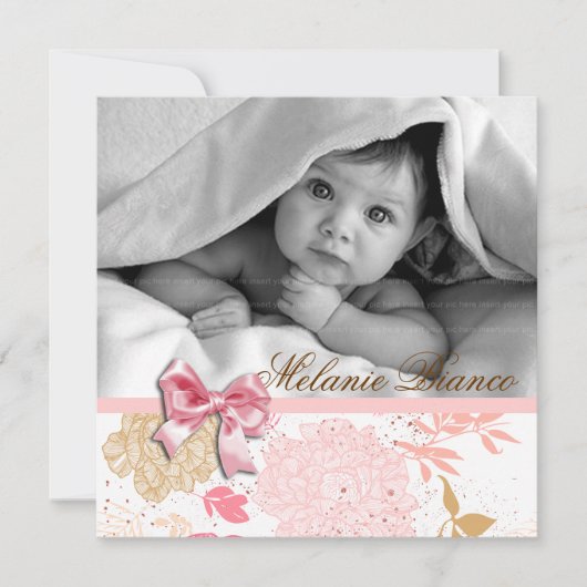 ベビーガール招待状誕生パーティーピンクホワイトボウ 招待状 (正面)