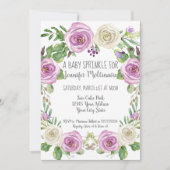 ベビーガール振りかけるシャワーラベンダーnホワイトフローラ 招待状 (正面)