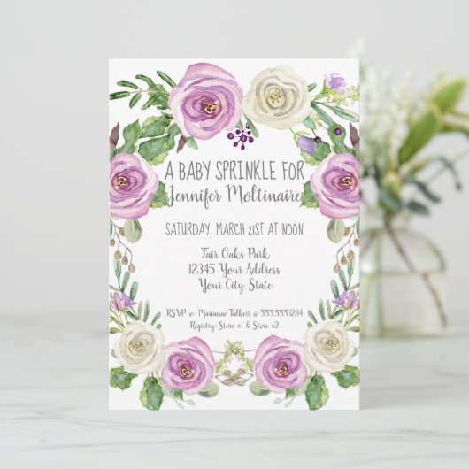 ベビーガール振りかけるシャワーラベンダーnホワイトフローラ 招待状 (スタンド正面)