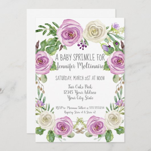 ベビーガール振りかけるシャワーラベンダーnホワイトフローラ 招待状 (正面/裏面)