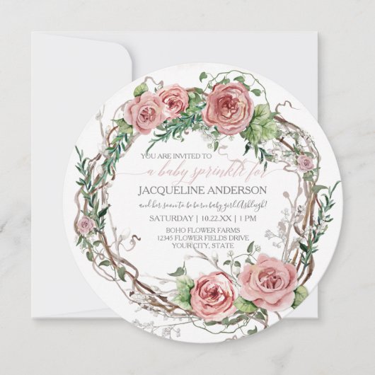 ベビーガール振りかけるBOHOウォーターカラーフラワーリース 招待状 (正面)
