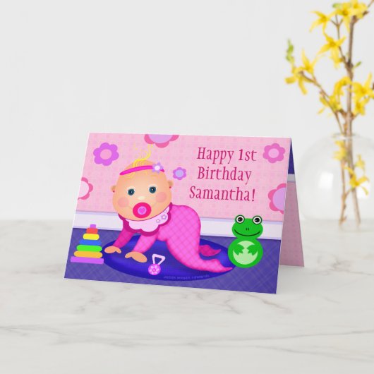 ベビーガール最初の誕生日グリーティングカードカスタム- カード (黄色い花)