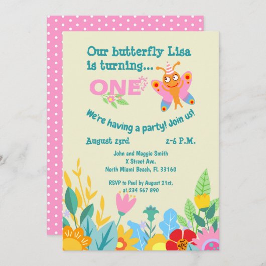 ベビーガール最初の誕生日バタフライパーティー 招待状 (正面/裏面)