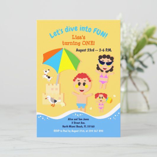 ベビーガール最初の誕生日ビーチパーティの招待状 招待状 (スタンド正面)